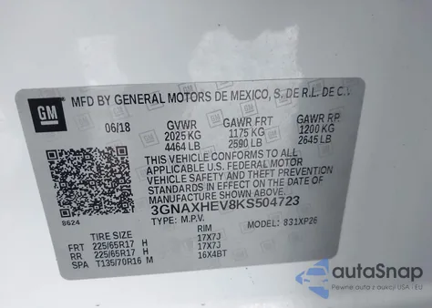 2019 Chevrolet Equinox Ls z USA, uszkodzony, nr VIN 3GNAXHEV8KS504723
